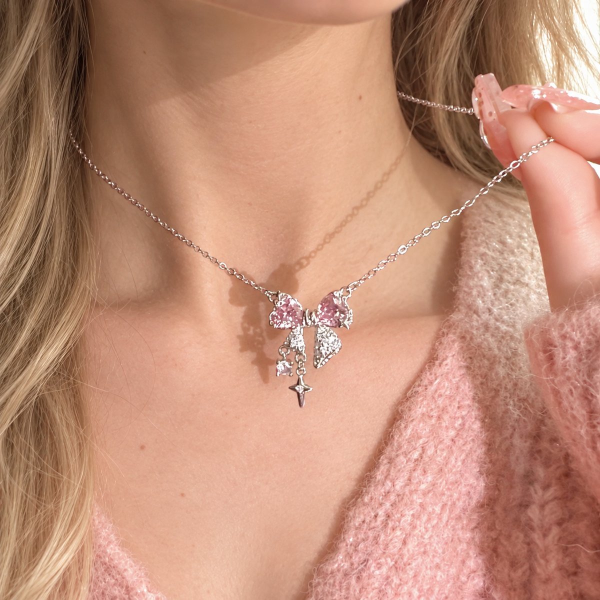 New design bow pink zircon cross pendant necklace